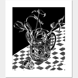 White outline on a black background. Still life with flowers. Posters and Art